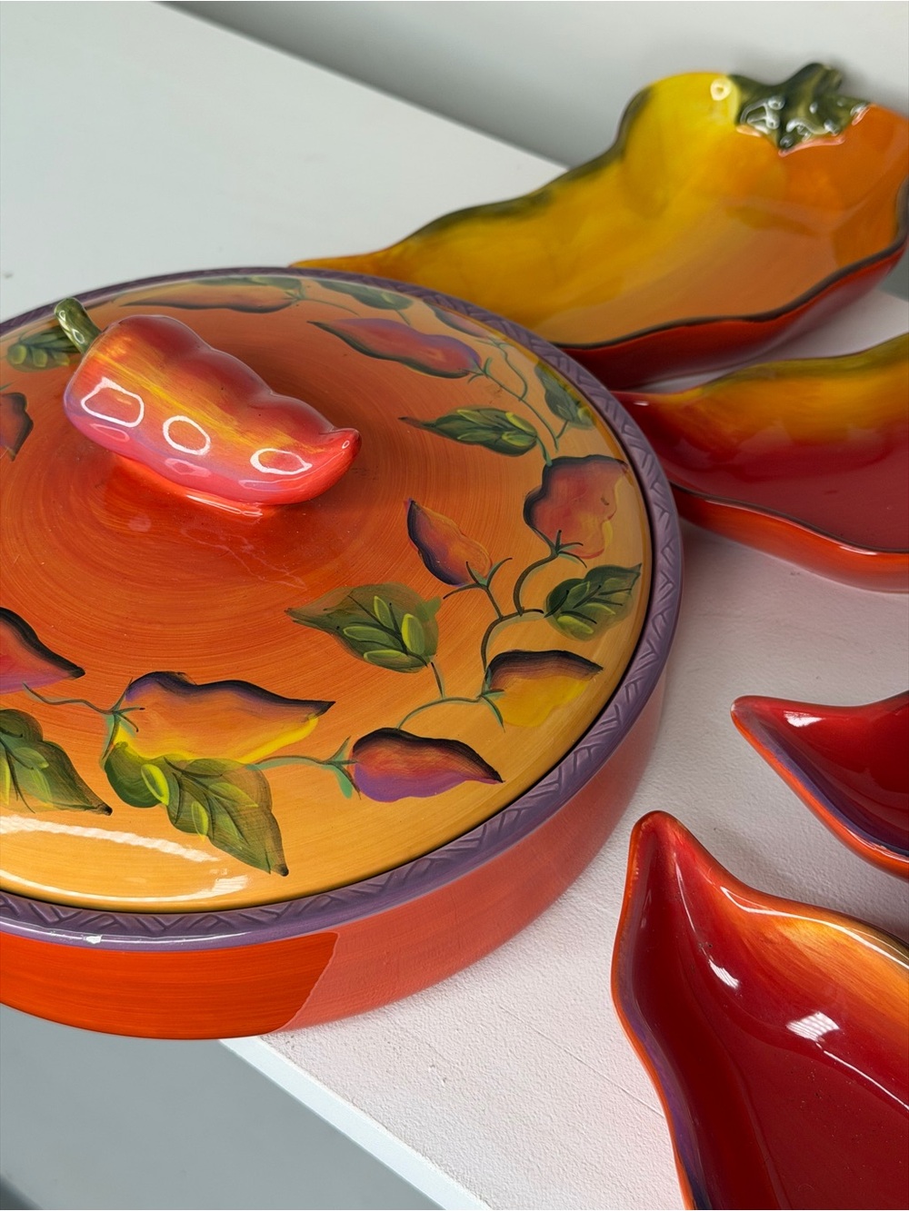 Hand-Painted Orange Ceramic Pepper Serving Dish with Lid & Plates